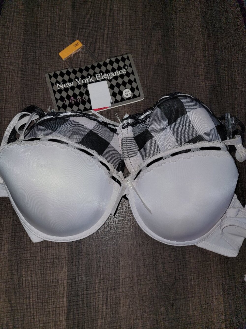 38c New York Elegance 2 Bras Plaid Padded Underwire 38 C Black White